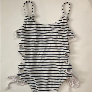 One piece SWIM, White with Navy blue stripes SIZEM